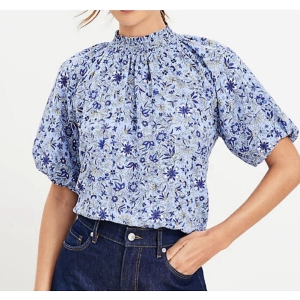 Loft Blue Floral Smocked Mock Neck Puff Sleeve Blouse XXL
